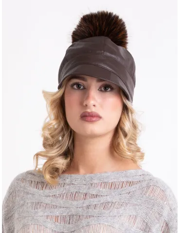 Brown faux leather rain-resistant riding cap with pom-pom 2
