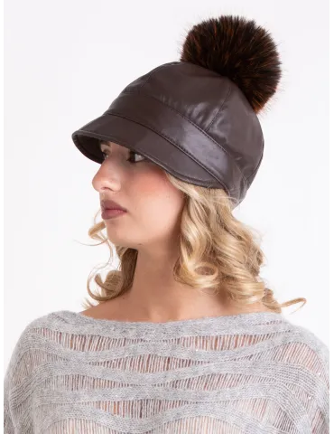 Brown faux leather rain-resistant riding cap with pom-pom