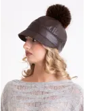 Brown faux leather rain-resistant riding cap with pom-pom