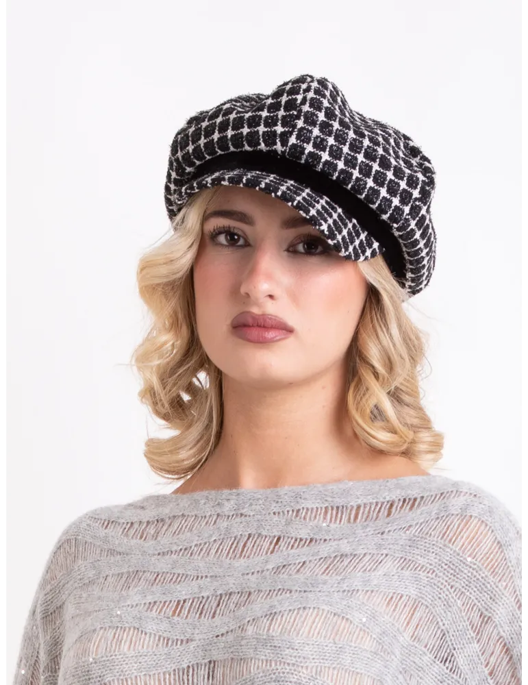 Cappelli donna Complit | Berrettone lurex bianco e nero con velluto