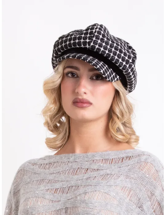 Cappelli donna Complit | Berrettone lurex bianco e nero con velluto