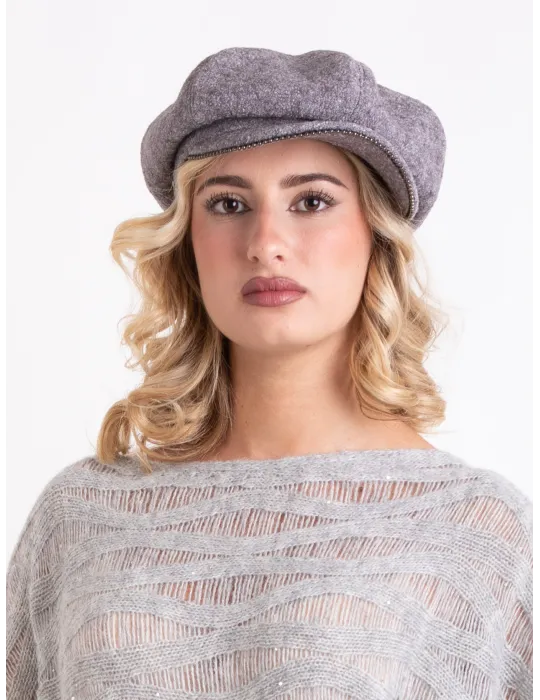 Complit Italian Hats | Wool newsboy cap in grey melange with piping