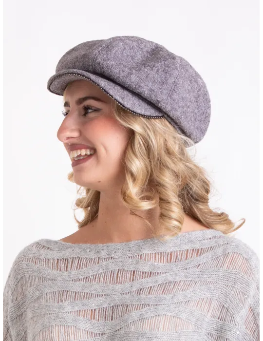 Complit wool newsboy cap in grey melange with piping