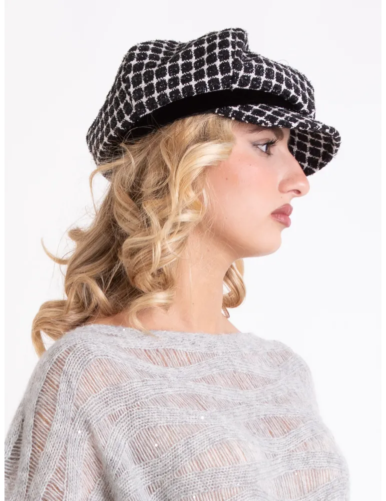 Cappelli donna Complit | Berrettone lurex bianco e nero con velluto