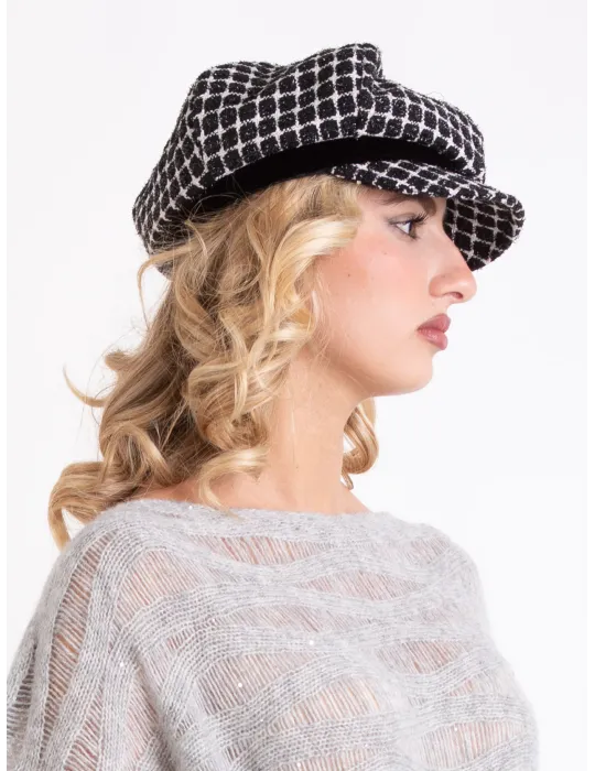 Cappelli donna Complit | Berrettone lurex bianco e nero con velluto