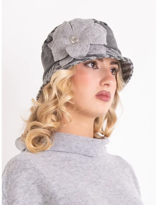 Cappelli donna Complit | Cloche in lana melange grigio e nero con fiore