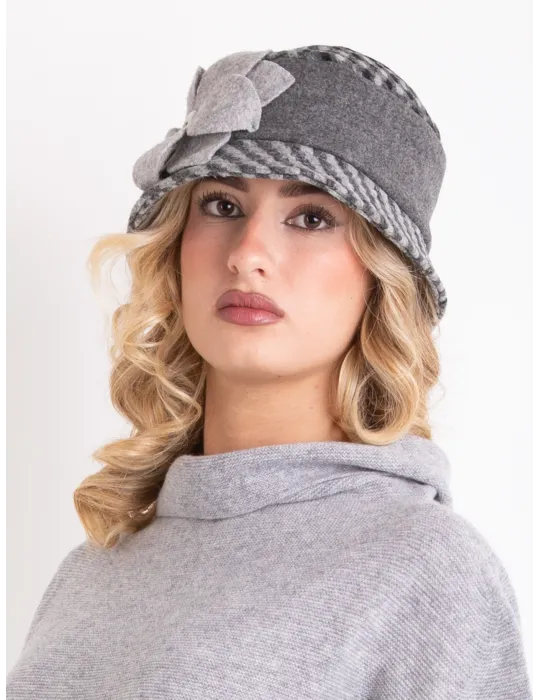 Cappelli donna Complit | Cloche in lana melange grigio e nero con fiore