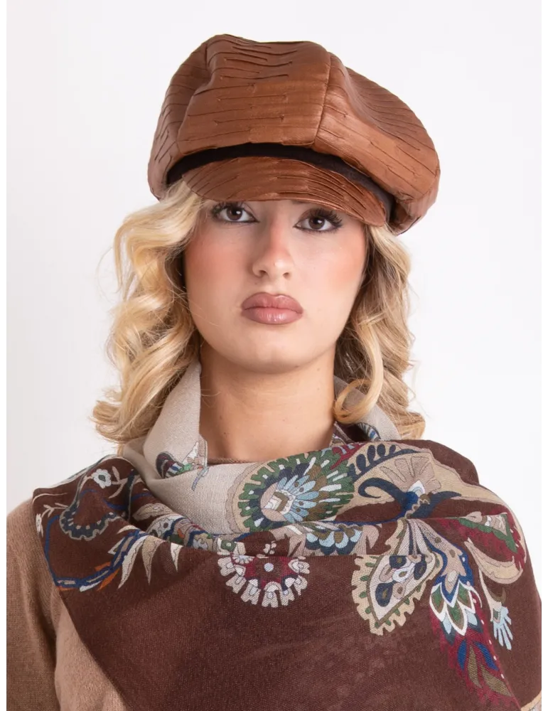 Complit Tan faux leather cap with brown velvet trim piping