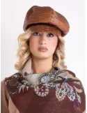 Complit Tan faux leather cap with brown velvet trim piping