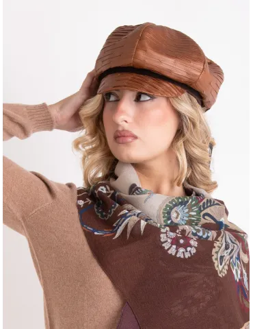 Complit Tan faux leather cap with brown velvet trim piping 2