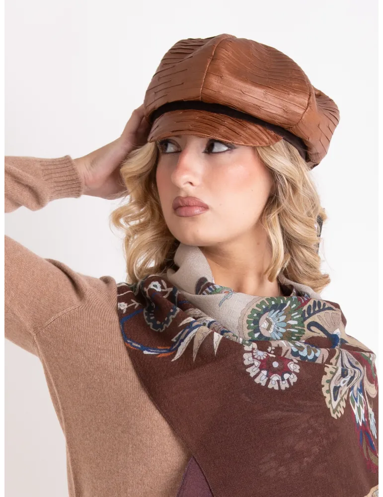 Complit Tan faux leather cap with brown velvet trim piping