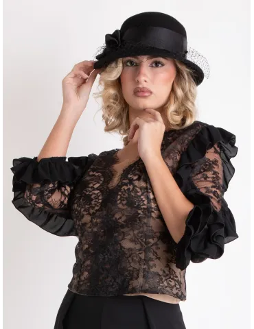 Elegant black hat in pure wool felt with veil by Complit