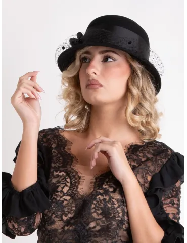 Elegant black hat in pure wool felt with veil by Complit 2