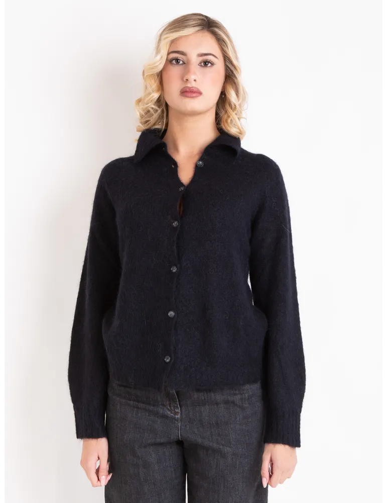 Black Alpaca Wool Polo-Collar Knit Cardigan Jacket | Volpato Italy