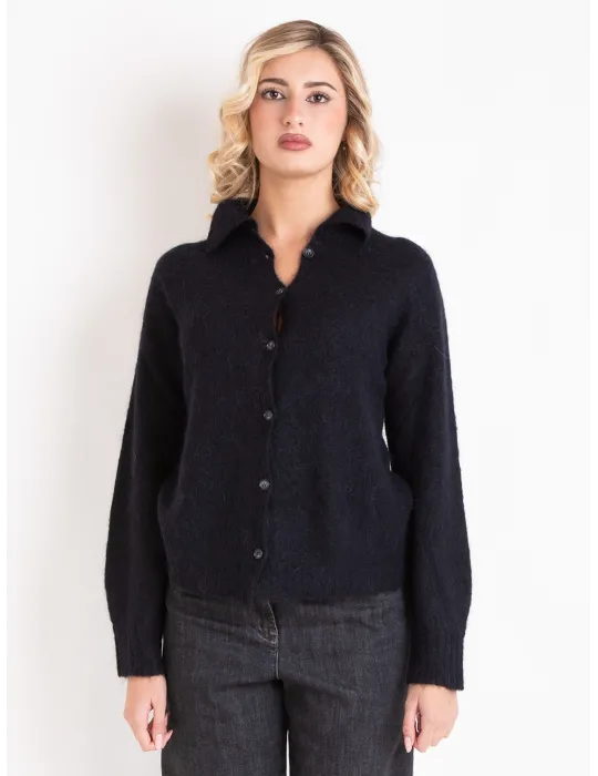 Black Alpaca Wool Polo-Collar Knit Cardigan Jacket