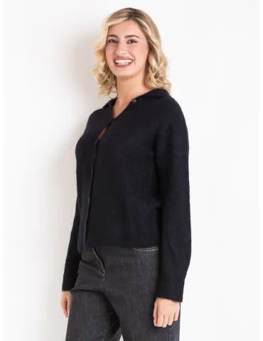 Black Alpaca Wool Polo-Collar Knit Cardigan Jacket | Volpato Italy 2