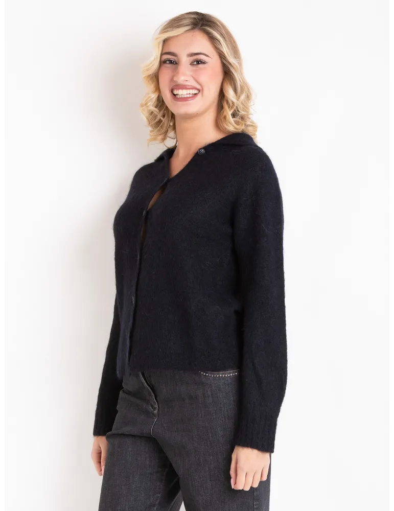 Black Alpaca Wool Polo-Collar Knit Cardigan Jacket | Volpato Italy