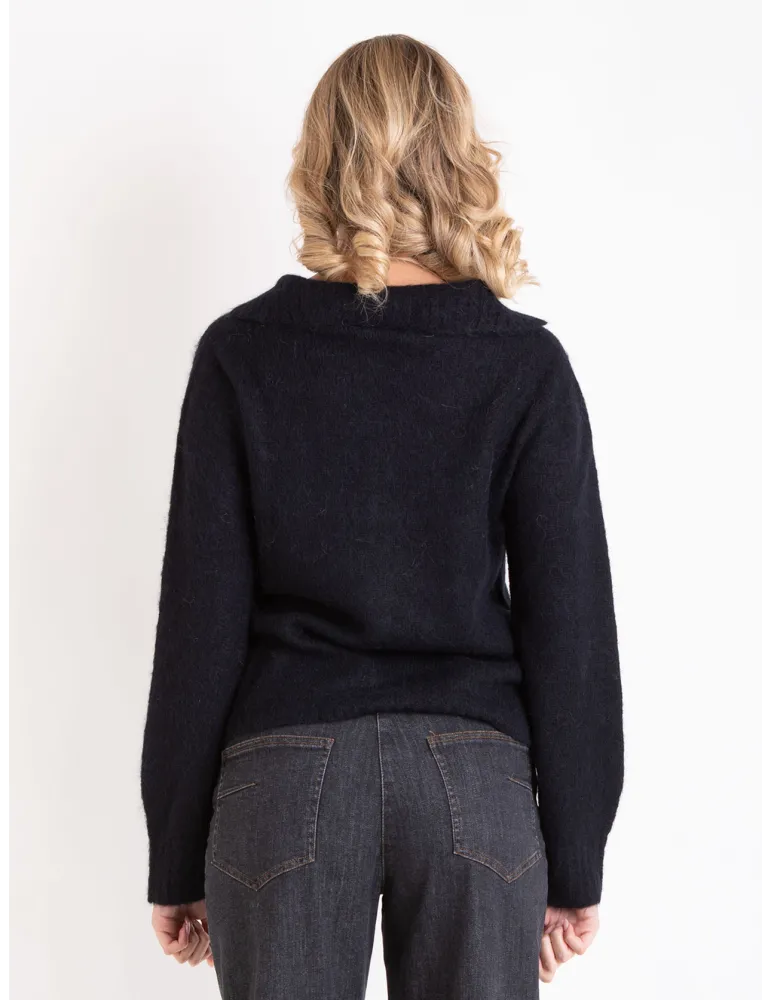 Black Alpaca Wool Polo-Collar Knit Cardigan Jacket | Volpato Italy