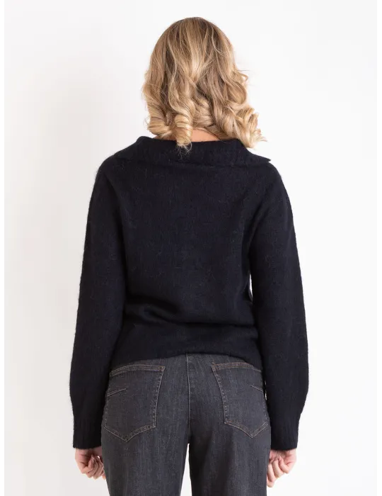 Black Alpaca Wool Polo-Collar Knit Cardigan Jacket | Volpato Italy