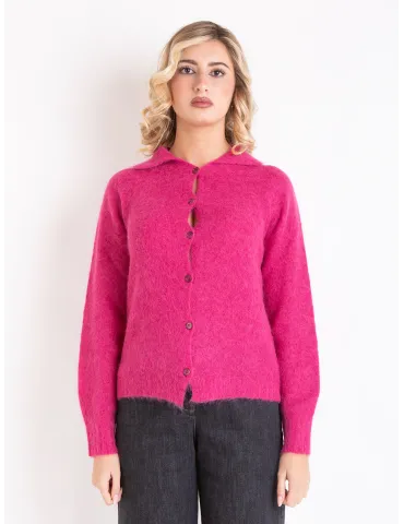Fuchsia Alpaca Wool Polo-Collar Knit Cardigan Jacket | Volpato Italy