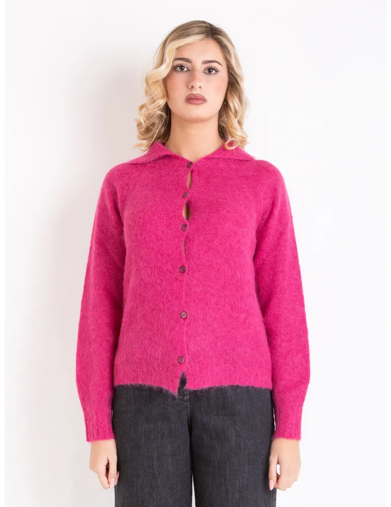 Fuchsia Alpaca Wool Polo-Collar Knit Cardigan Jacket