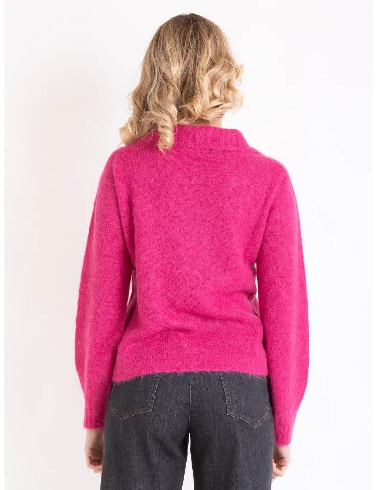 Fuchsia Alpaca Wool Polo-Collar Knit Cardigan Jacket