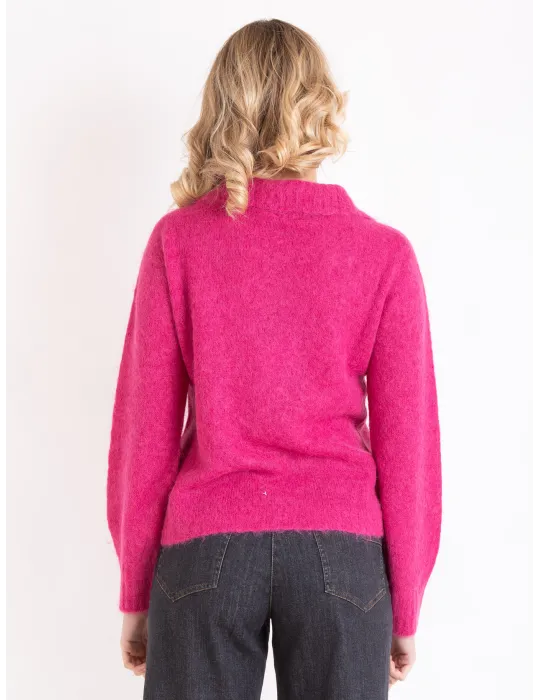 Fuchsia Alpaca Wool Polo-Collar Knit Cardigan Jacket