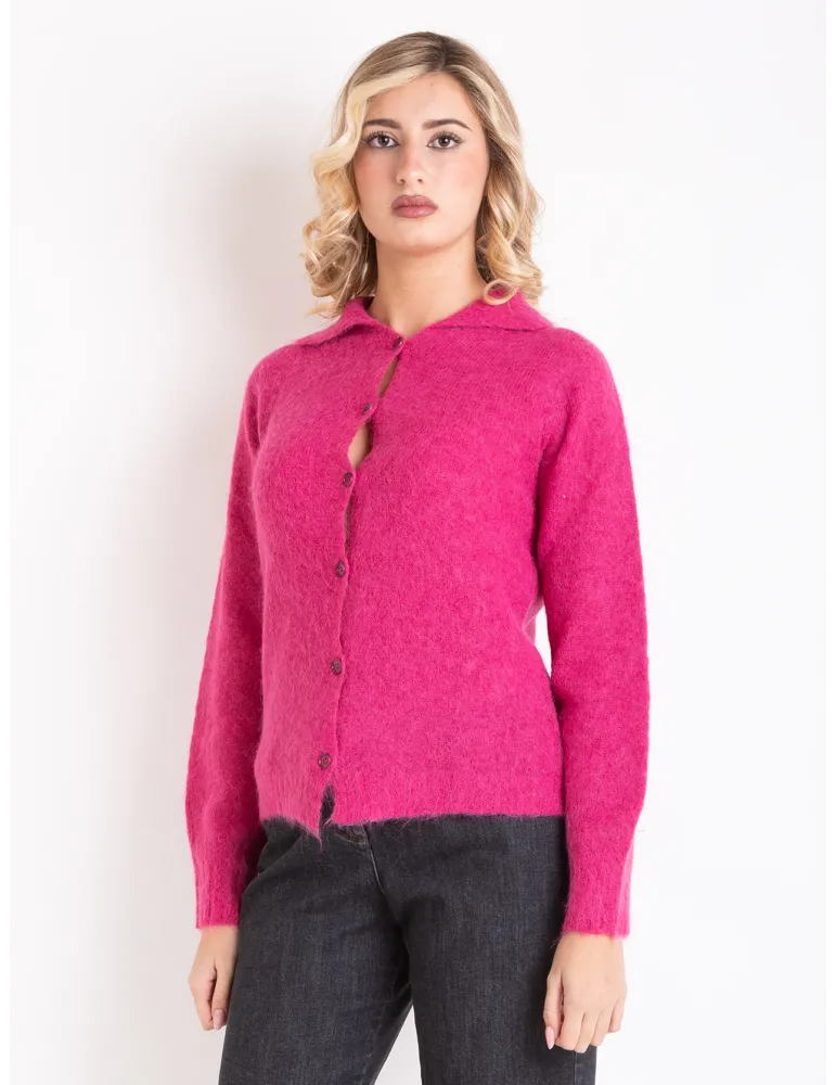 Fuchsia Alpaca Wool Polo-Collar Knit Cardigan Jacket | Volpato Italy