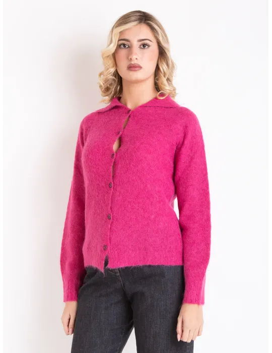Fuchsia Alpaca Wool Polo-Collar Knit Cardigan Jacket | Volpato Italy