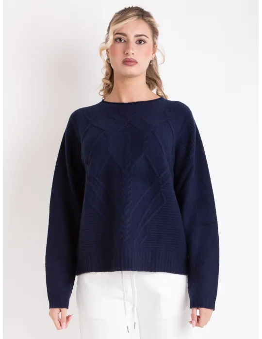 Volpato Italy | Dark blue 100% pure cashmere sweater braids work
