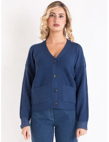 Denim Blue merino wool Cardigan Jacket |Retro 70s Style |Volpato Italy