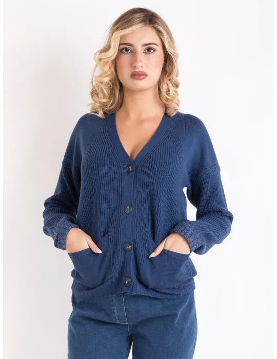 Denim Blue merino wool Cardigan Jacket |Retro 70s Style |Volpato Italy