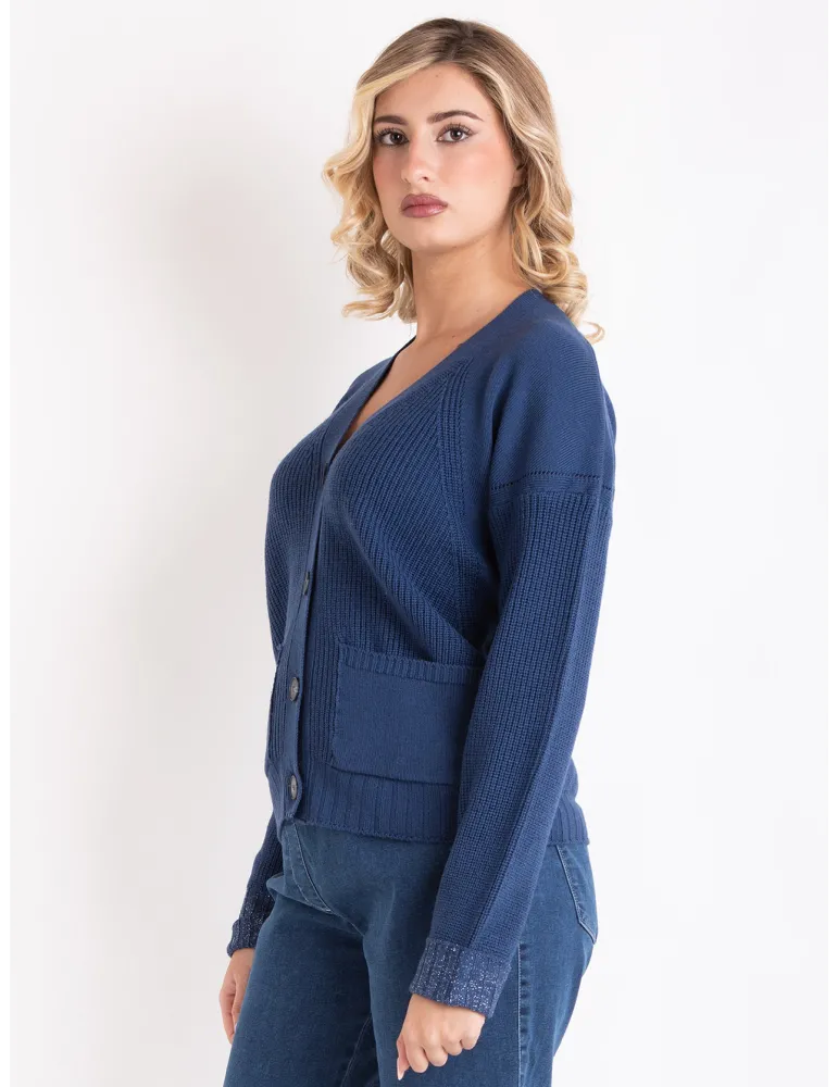 Denim Blue merino wool Cardigan Jacket |Retro 70s Style |Volpato Italy