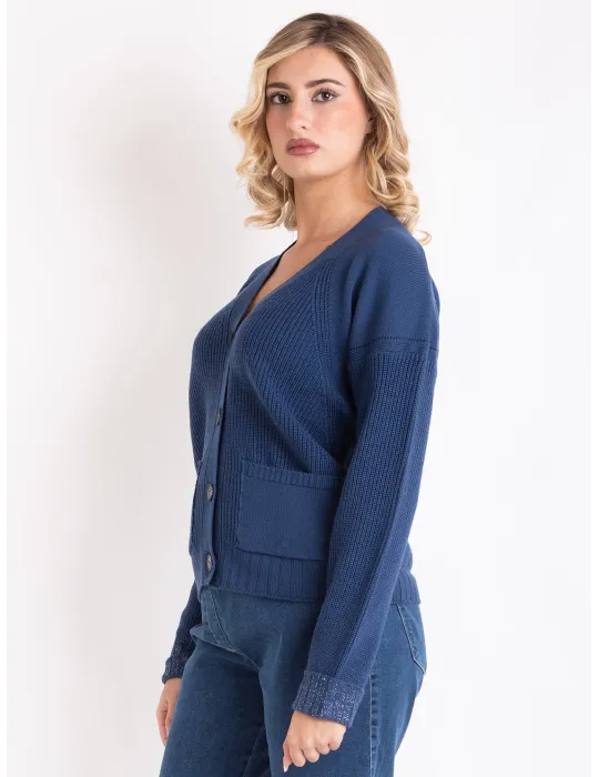 Denim Blue merino wool Cardigan Jacket |Retro 70s Style |Volpato Italy