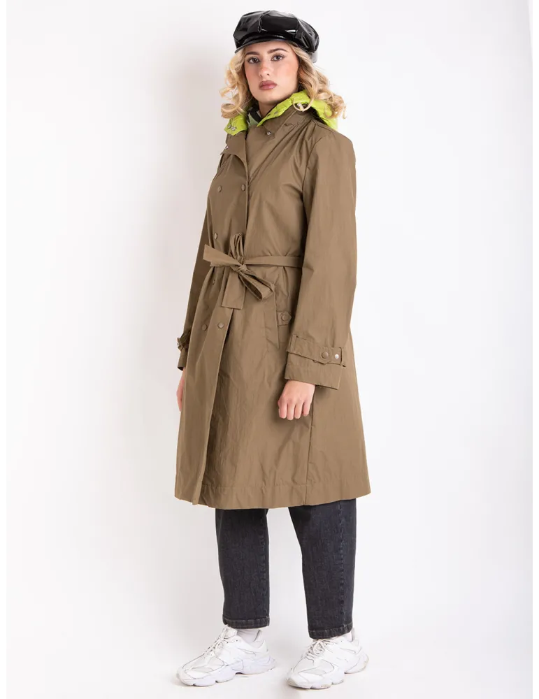 Stylish Long military green trench coat with lime detachable padding