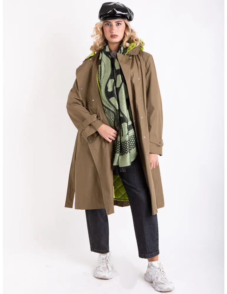 Stylish Long military green trench coat with lime detachable padding