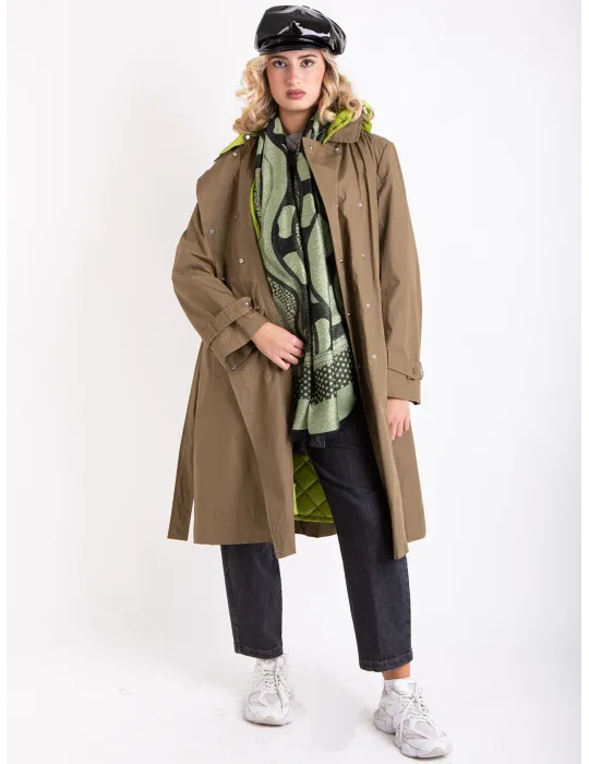 Stylish Long military green trench coat with lime detachable padding