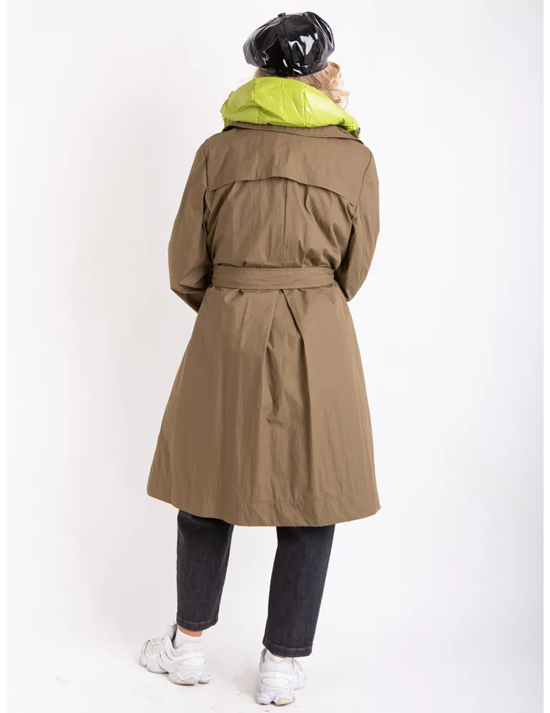 Stylish Long military green trench coat with lime detachable padding