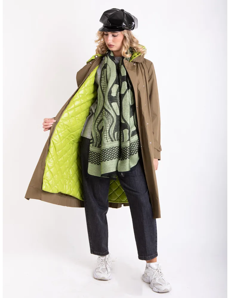 Stylish Long military green trench coat with lime detachable padding