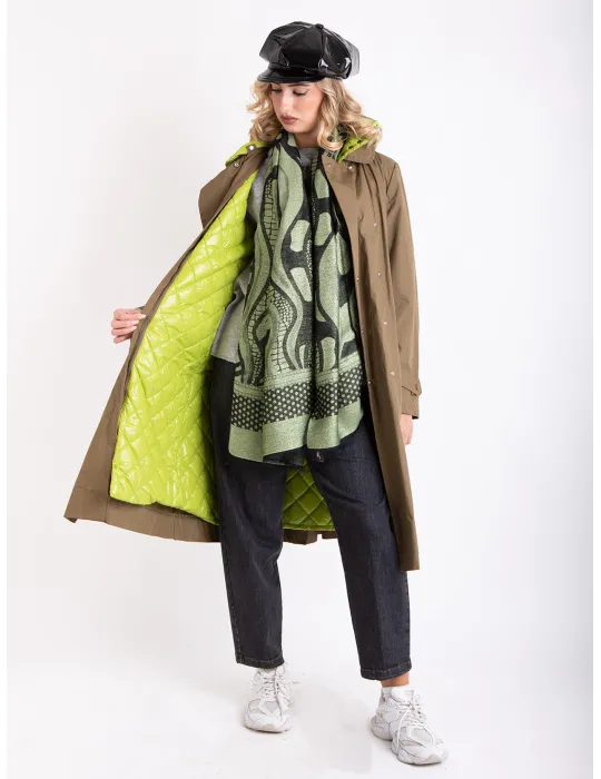 Stylish Long military green trench coat with lime detachable padding
