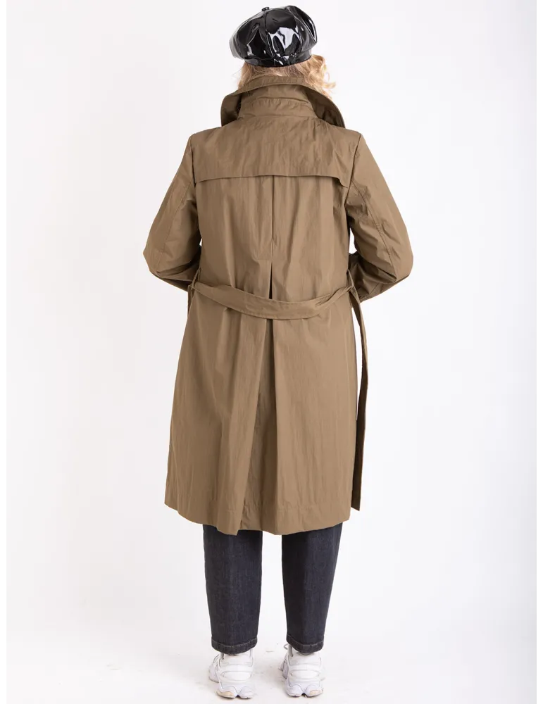 Long military green trench coat with detachable padding