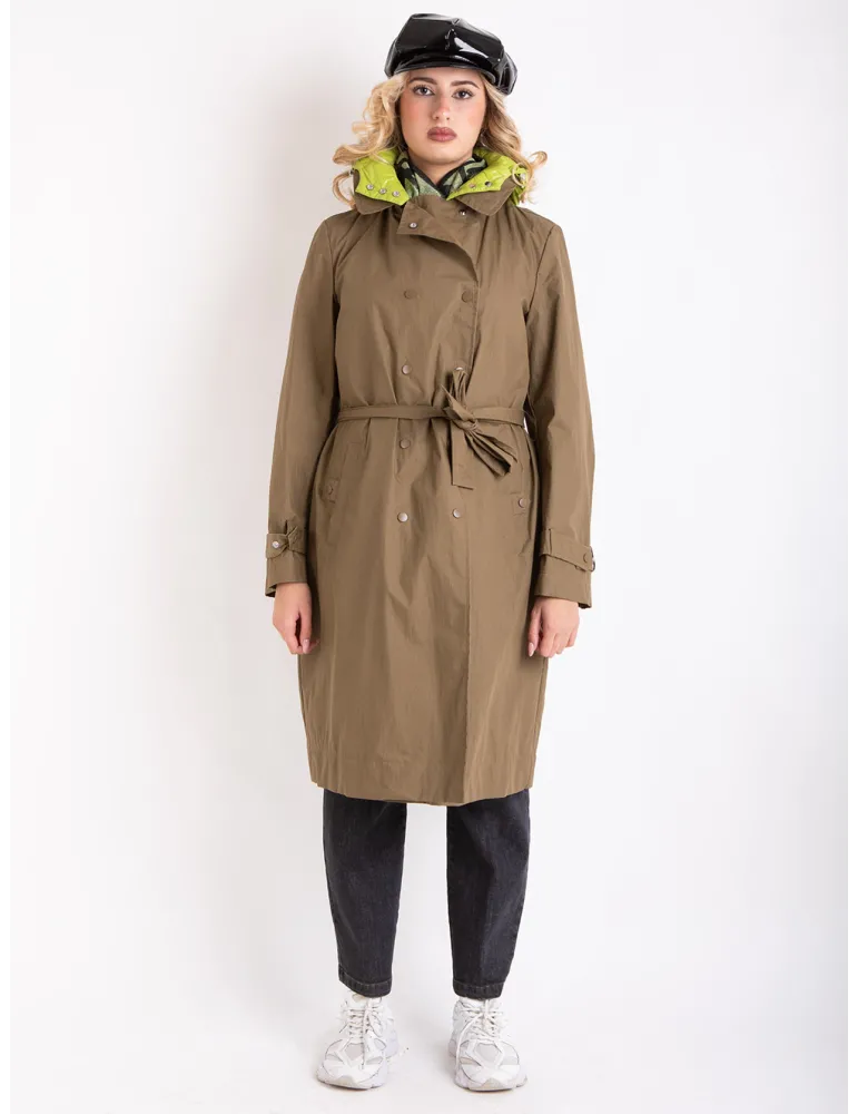 Stylish Long military green trench coat with lime detachable padding