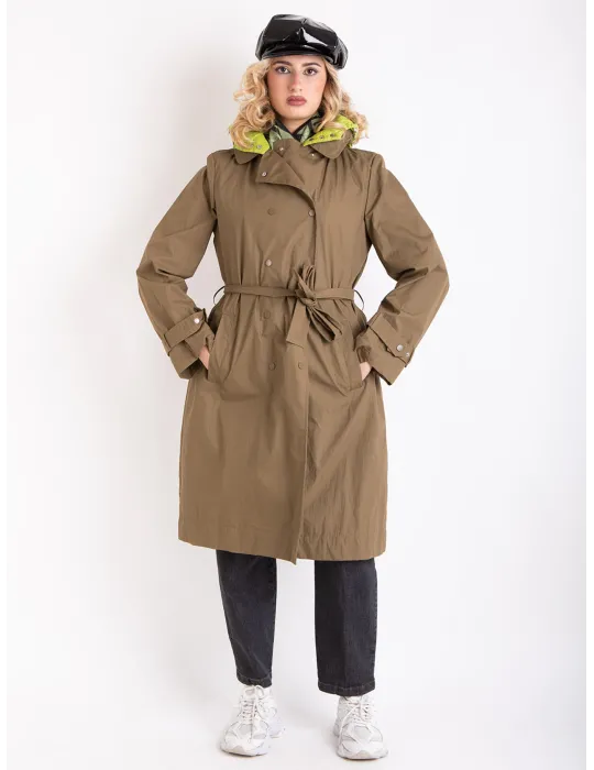 Stylish Long military green trench coat with lime detachable padding