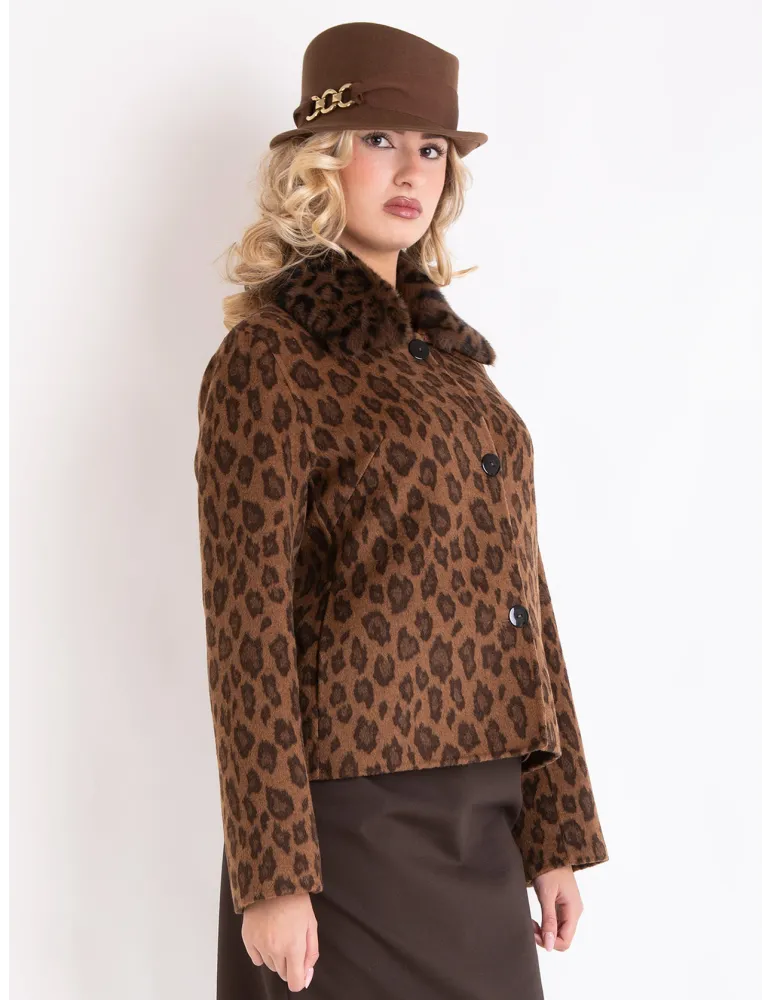 Piero Moretti leopard printed wool short jacket fur collar