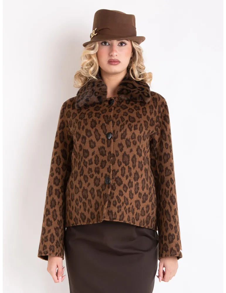 Piero Moretti leopard printed wool short jacket fur collar