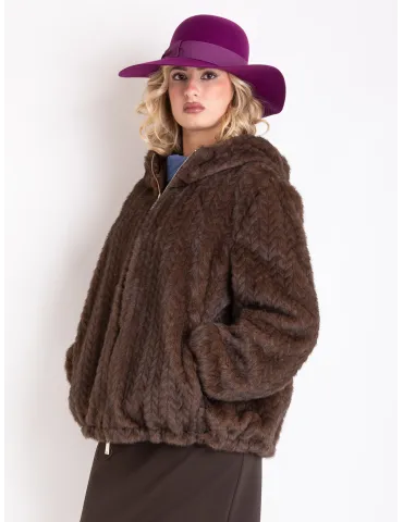 Reversible brown faux fur padded jacket with hood | Plus size available
