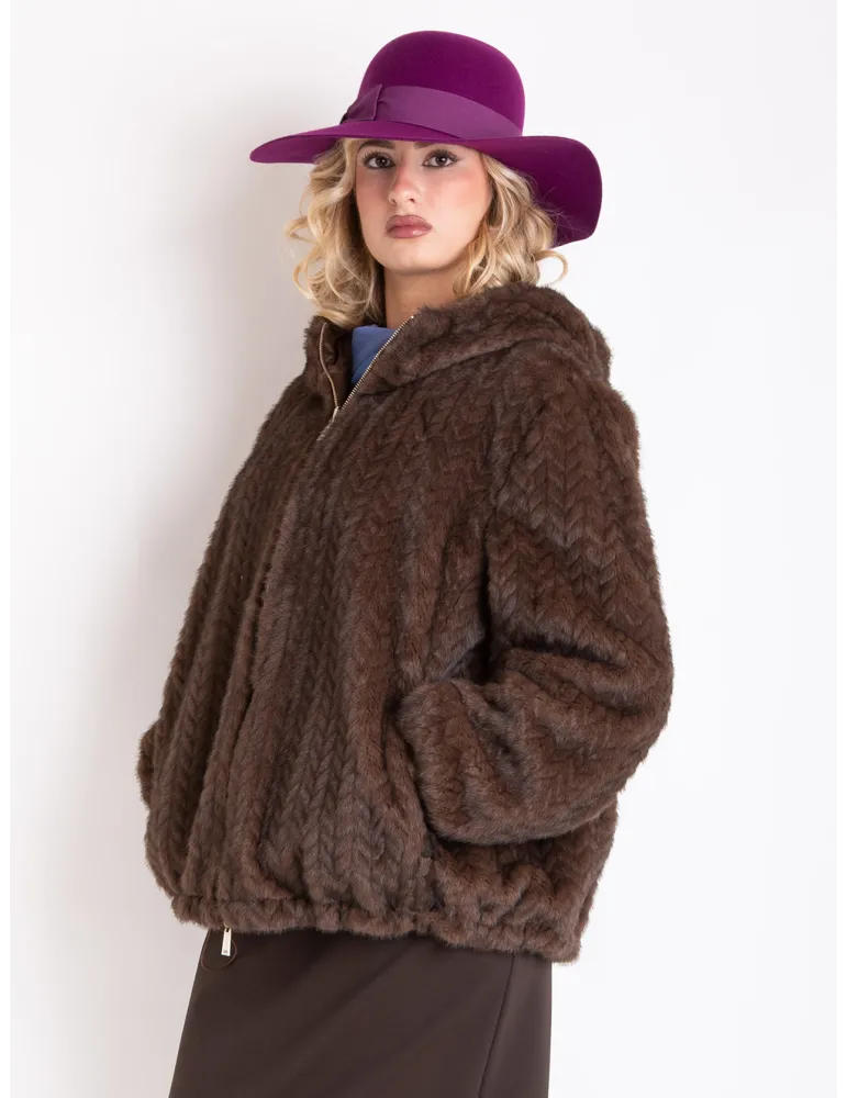 Reversible brown faux fur padded jacket with hood | Plus size available
