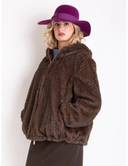 Reversible brown faux fur padded jacket with hood | Plus size available