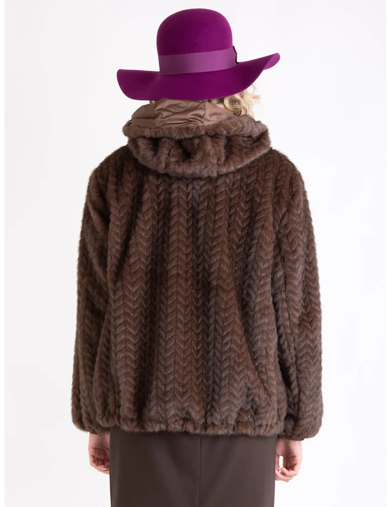 Reversible brown faux fur padded jacket with hood | Plus size available