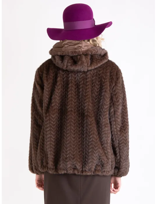 Reversible brown faux fur padded jacket with hood | Plus size available